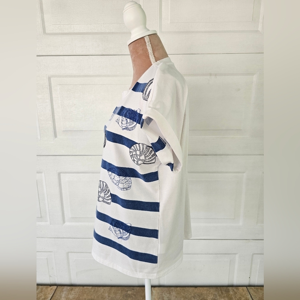 On 12th XL Nautical Striped Seashell Top | Coastal Boho Beach Preppy Summer - Picture 3 of 8